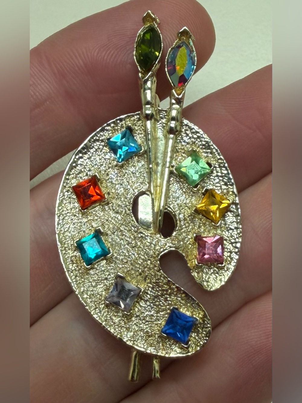 Vintage 1960s Artist Paint Palette Brooch Multi Color Rhinestone Art Teacher